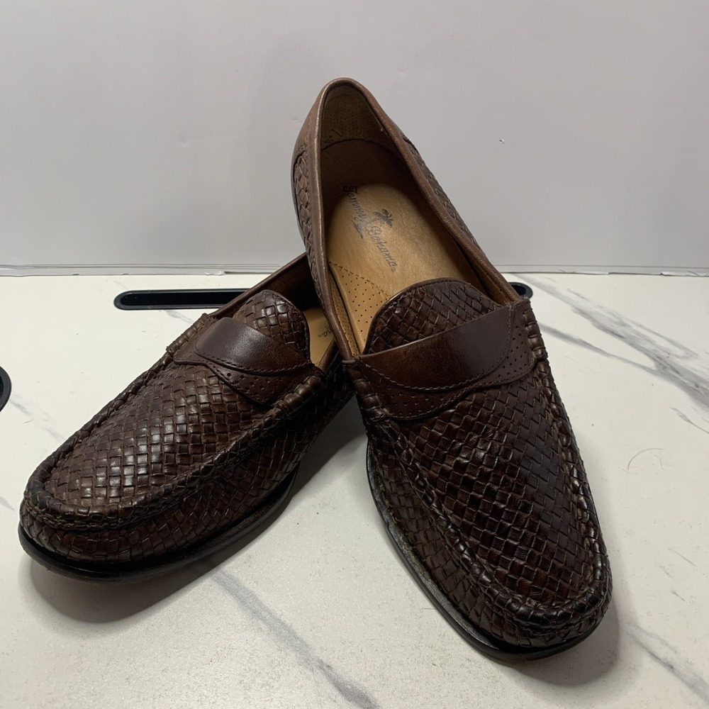 Tommy Bahama Mens Brown Woven Leather Loafers Slip On Basketweave Size 9